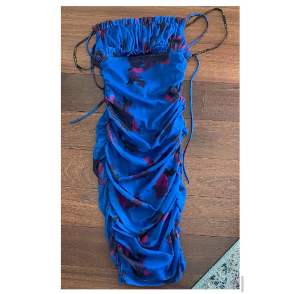 Black Halo "Petal Blur" Ruched Mesh Midi Dress | Size 6